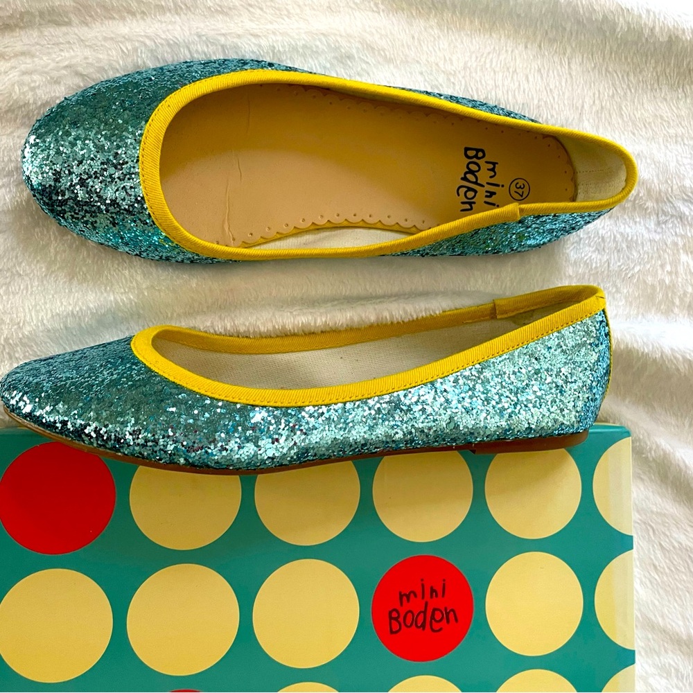 Mini Boden Teal Glitter Flats with Yellow Trim